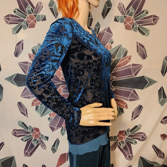 Simply Vera XS burnout semi sheer teal blue velvet long sleeve Top - Picture 4 of 12